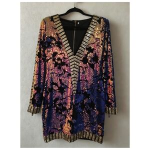 Sequin V-Neck Dress with Multicolor Design